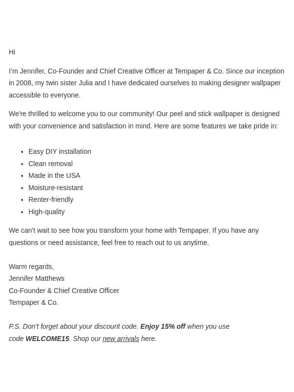 A Message from Tempaper & Co. email from Tempaper