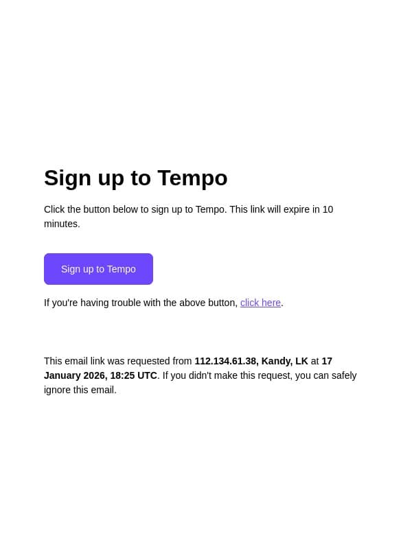 Your sign up link email from Tempo Labs screenshot