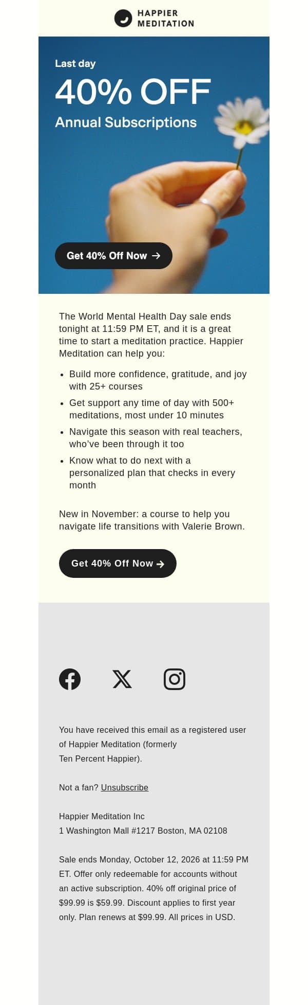 Last day: 40% off a year of Happier Meditation email from Ten Percent Happier screenshot