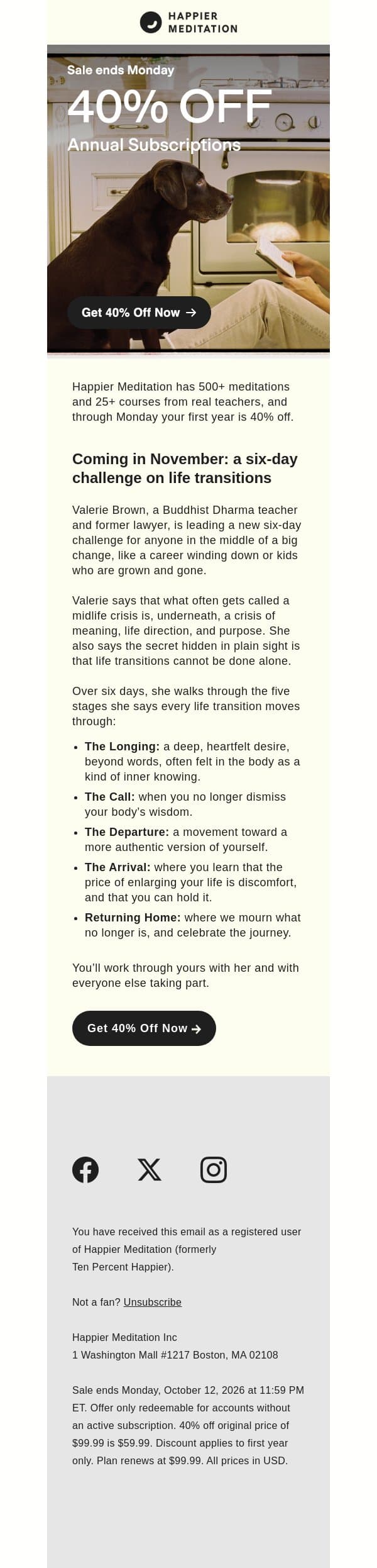 40% off through Monday, plus a preview of our life transitions challenge email from Ten Percent Happier screenshot