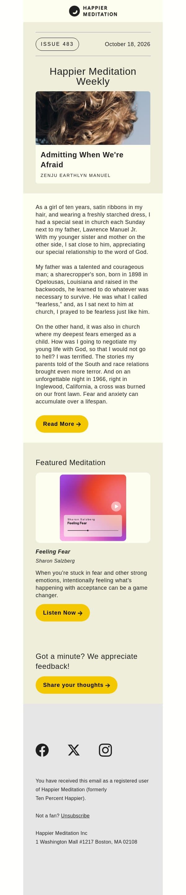 Admitting When We're Afraid // Happier Meditation Weekly email from Ten Percent Happier screenshot