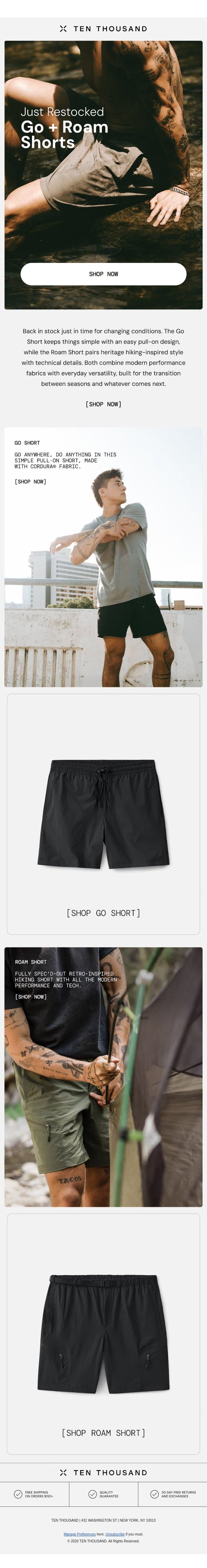 Just Restocked: Adventure Shorts email from Ten Thousand screenshot