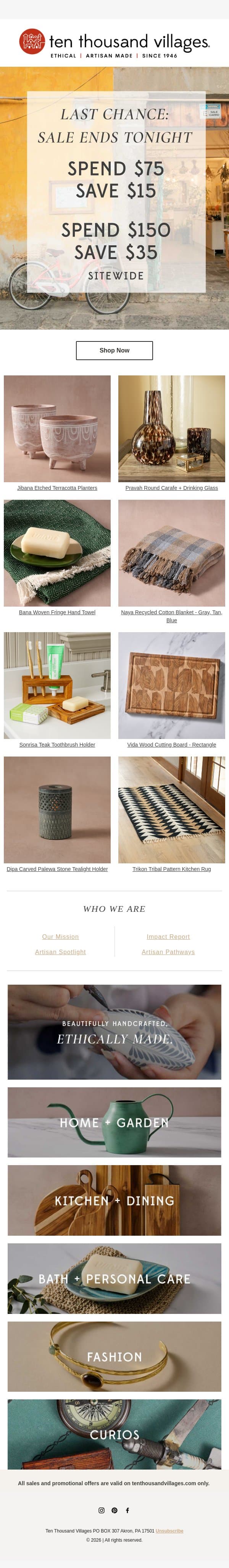 Last Chance! Sale Ends Tonight email from Ten Thousand Villages screenshot