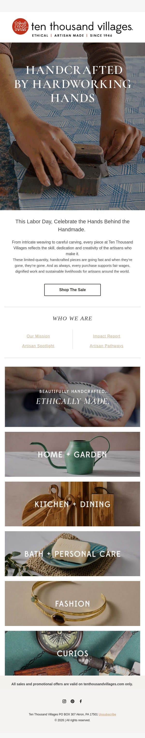 Celebrate Hardworking Hands this Labor Day email from Ten Thousand Villages screenshot
