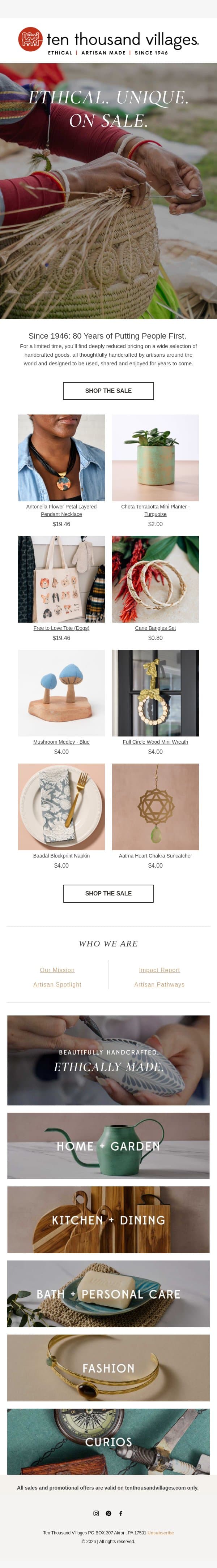 80 Years of Fair Trade. Sale Finds Starting at 80¢. email from Ten Thousand Villages screenshot