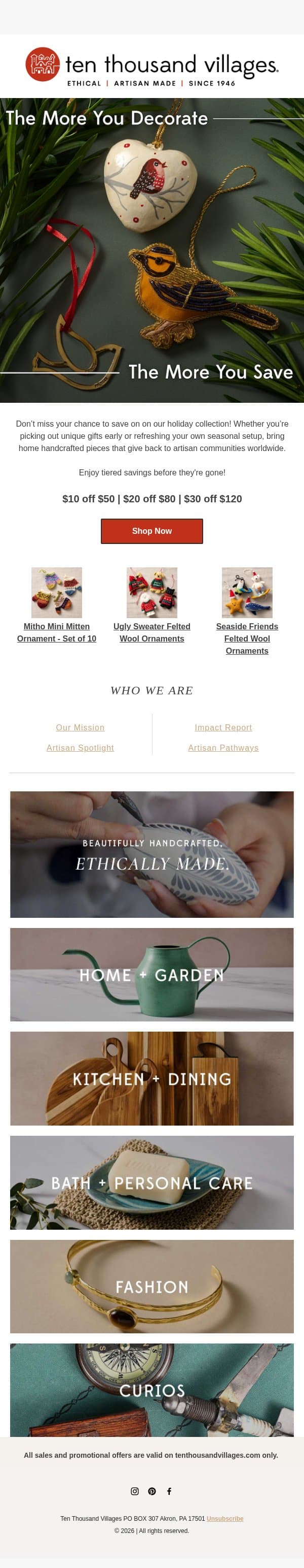 The More You Decorate, the More You Save! email from Ten Thousand Villages screenshot