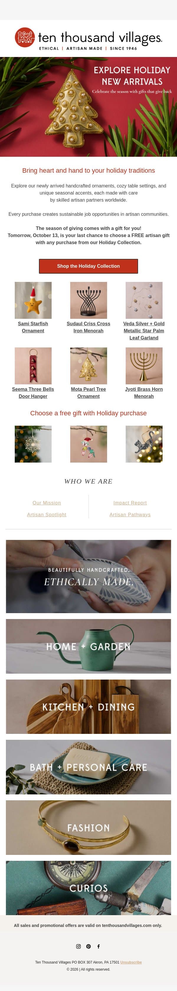 Free Artisan Gift with Any Holiday Purchase! email from Ten Thousand Villages screenshot