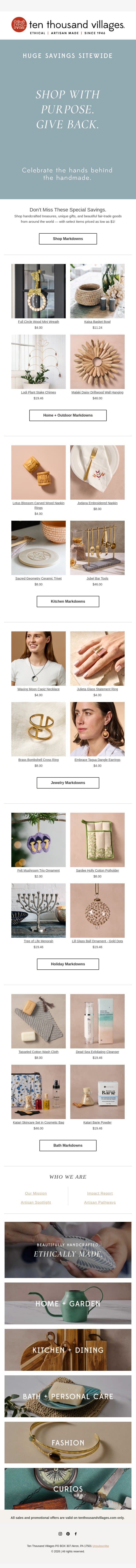 Limited Stock: Fair-Trade Finds Starting at $1 email from Ten Thousand Villages screenshot