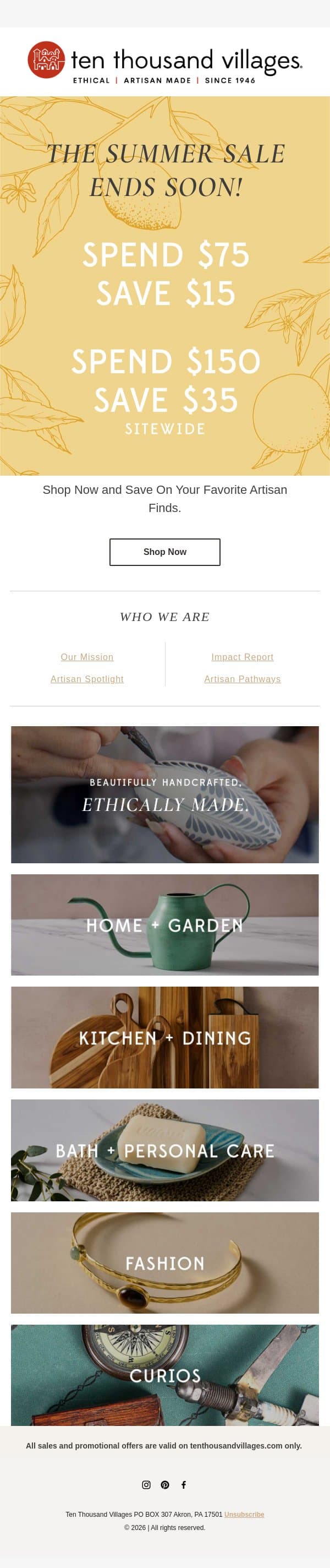 The Summer Sale Ends Soon! ☀️ email from Ten Thousand Villages screenshot