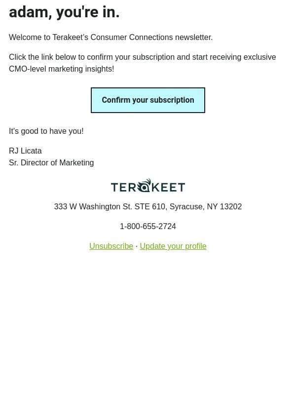 Important: confirm your subscription email from Terakeet screenshot