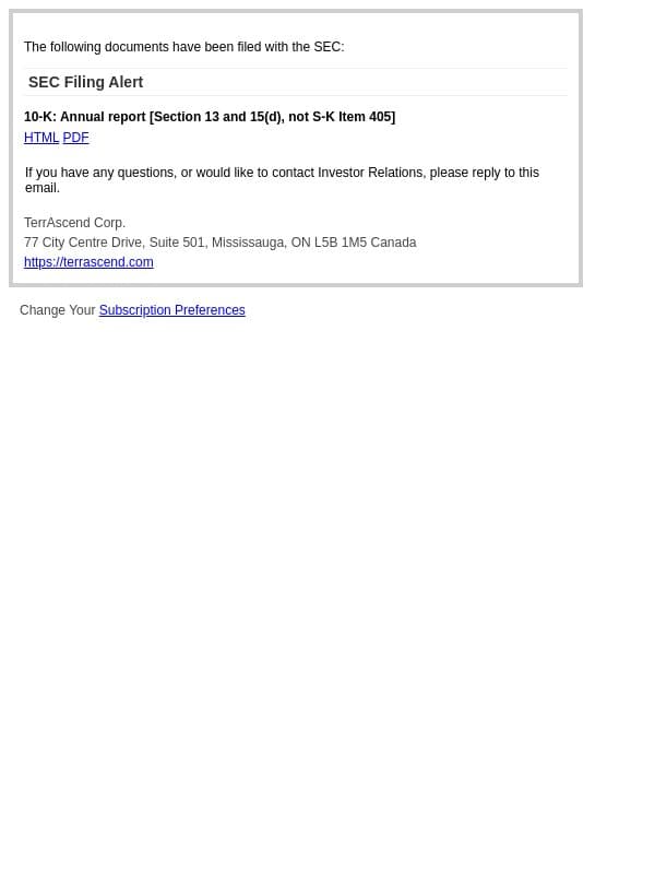 SEC Filing Alert for TerrAscend Corp. email from TerrAscend screenshot
