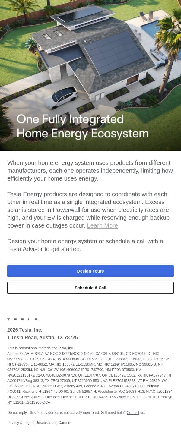 Optimize Energy Usage, Minimize Electricity Costs email from Tesla Energy screenshot
