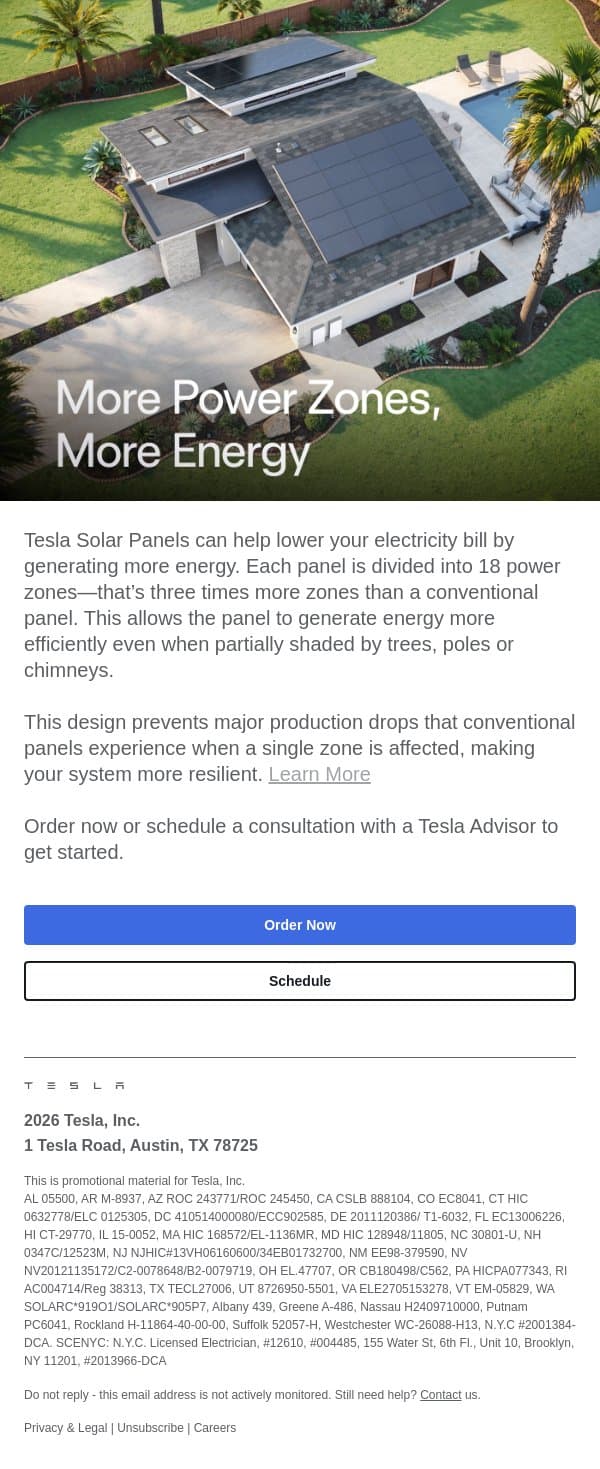 Solar Panels That Maximize Energy Generation email from Tesla Energy screenshot