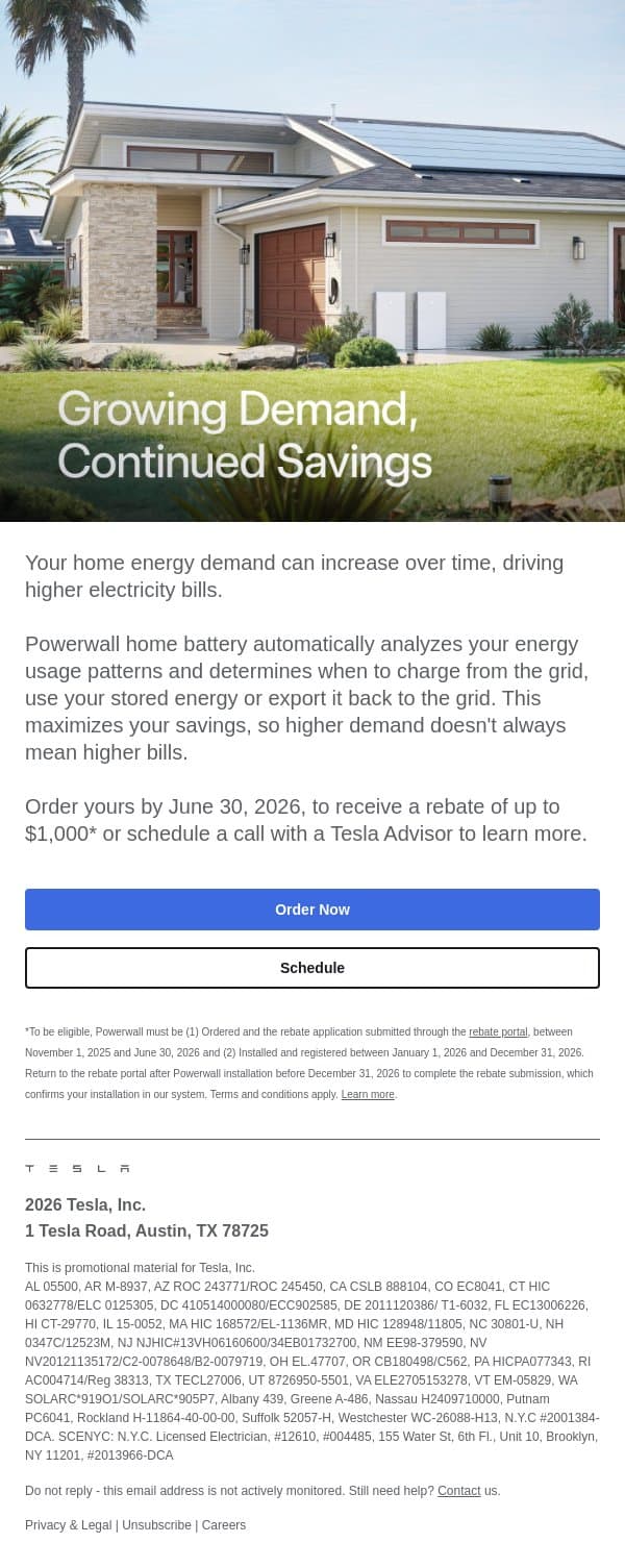 Plan Ahead for Your Growing Energy Needs email from Tesla Energy screenshot