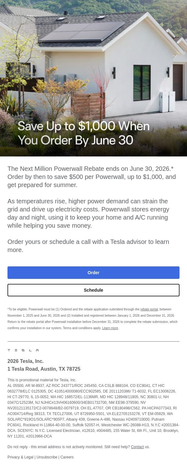 Get Your Powerwall Before the Rebate Ends email from Tesla Energy screenshot