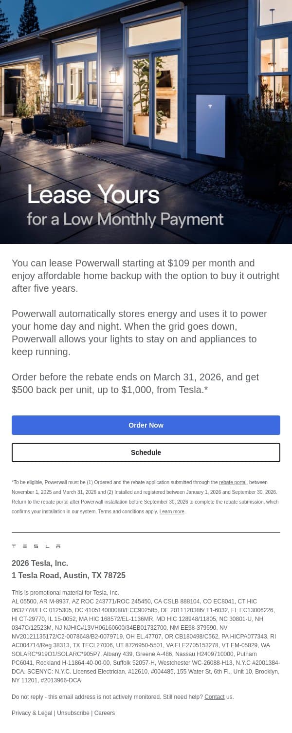 Backup Your Home During Outages with Powerwall email from Tesla Energy screenshot