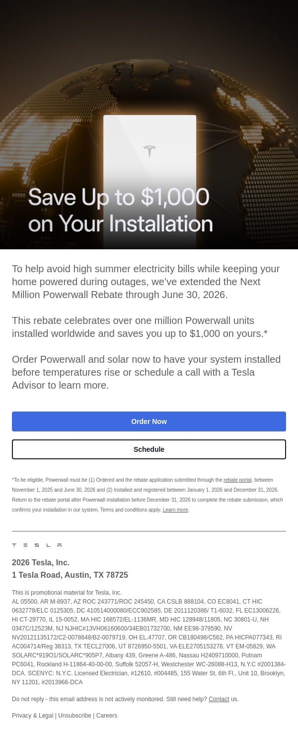 Powerwall Rebate Extended email from Tesla Energy screenshot