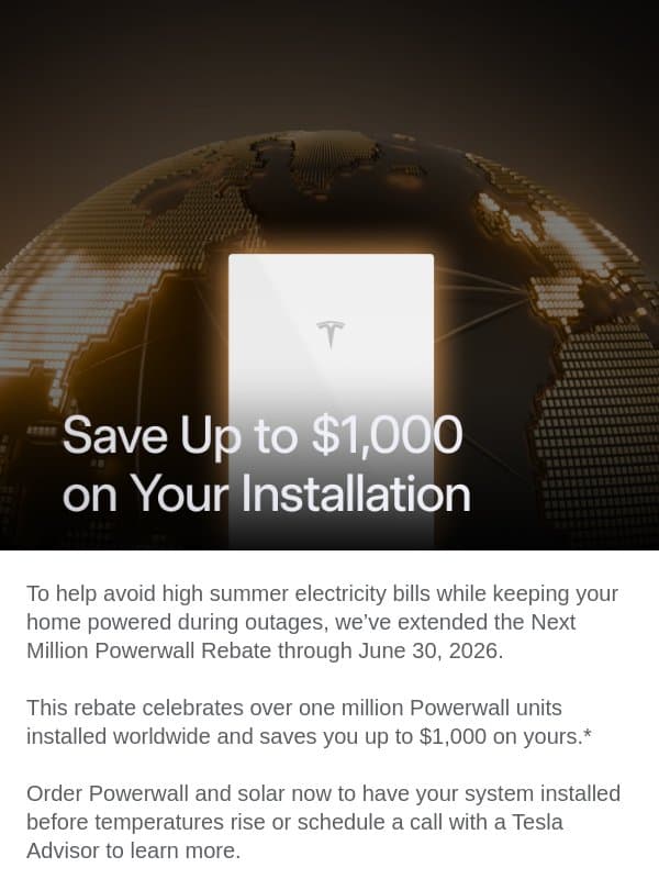 Powerwall Rebate Extended email from Tesla Energy