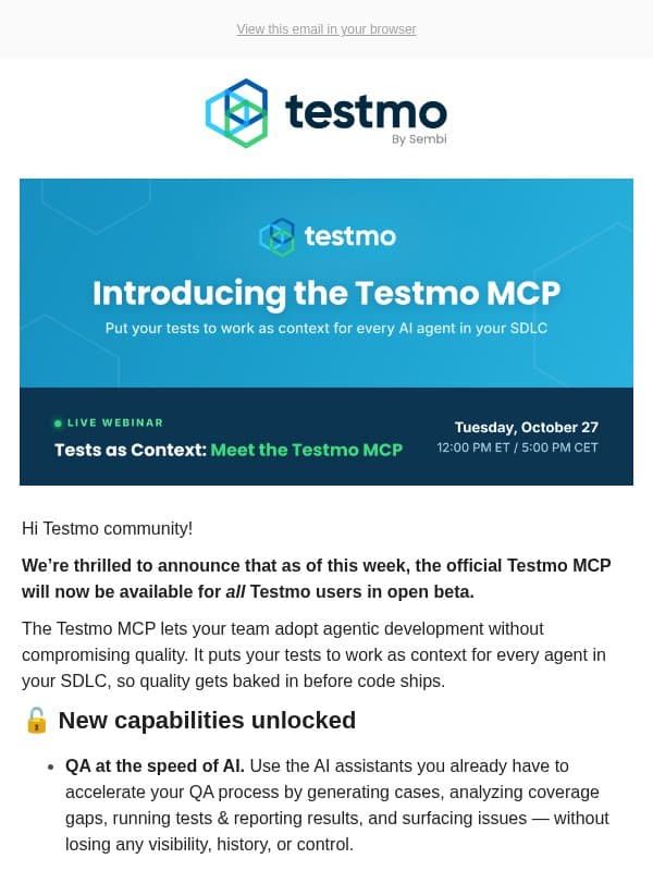 UPDATE: Official Testmo MCP Now Available email from Testmo