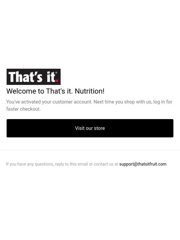 Customer account confirmation email from That's It screenshot