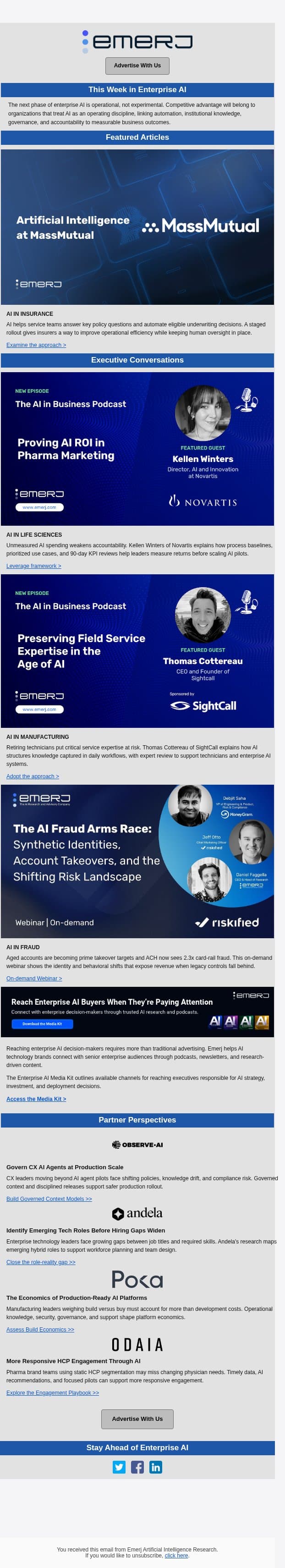 Governing Enterprise AI: Balancing Risk, ROI, and Performance email from The AI in Business Podcast screenshot