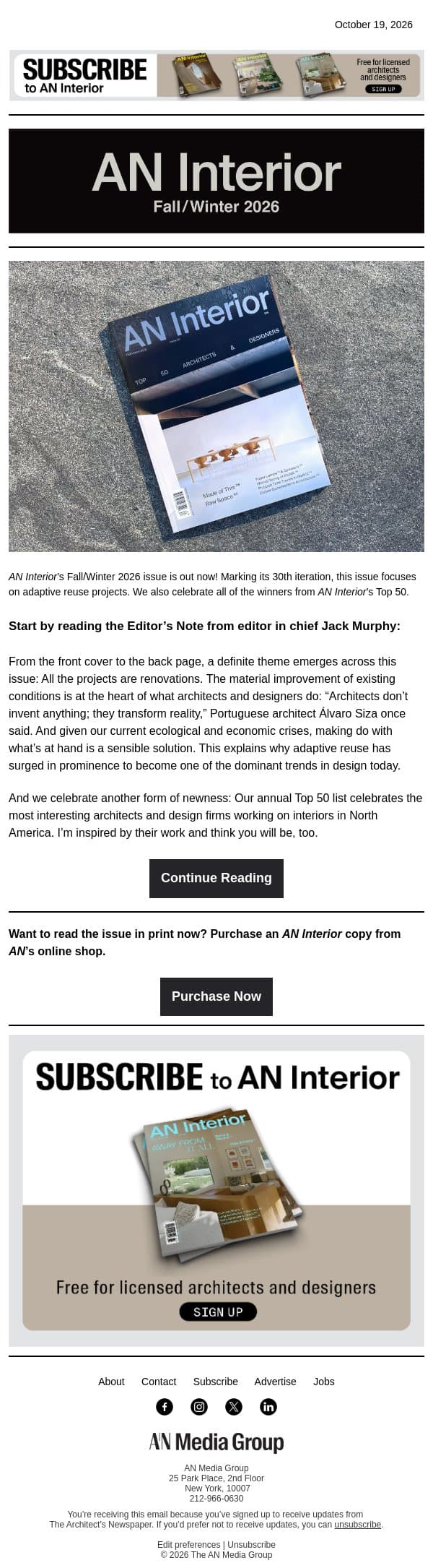 Check out AN Interior’s Fall/Winter 2026 issue email from The Architect's Newspaper screenshot