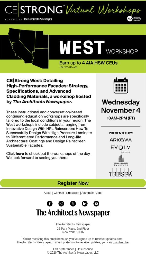 Save the date: 11/4 — CE|Strong Virtual West features new and exciting workshops! email from The Architect's Newspaper screenshot