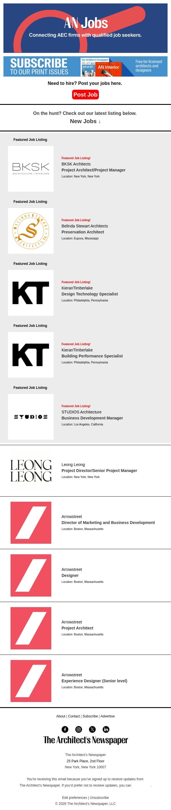 New Positions from KieranTimberlake, BKSK Architects, STUDIOS Architecture, and more email from The Architect's Newspaper screenshot