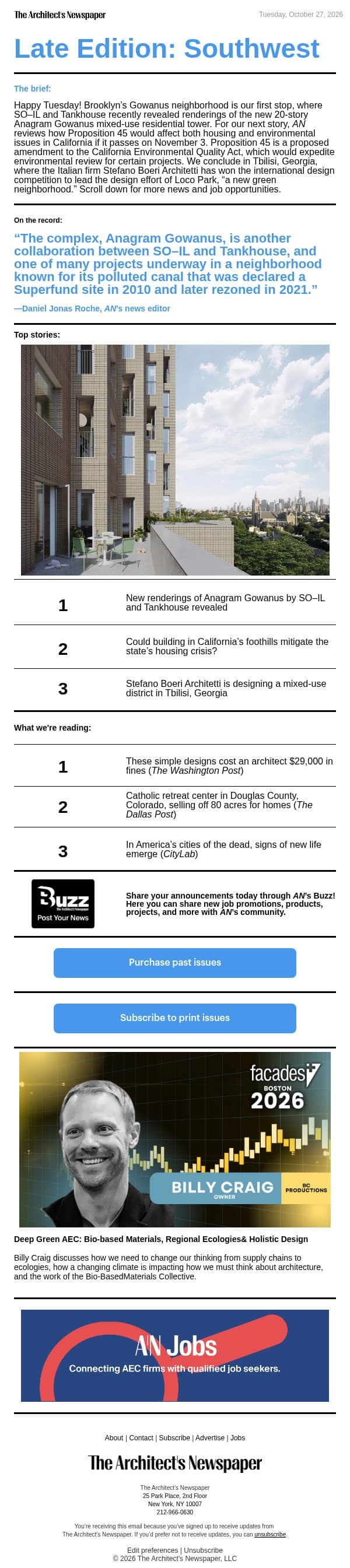 Late Edition Southwest: New renderings of Anagram Gowanus by SO–IL and Tankhouse, Proposition 45 in California’s upcoming ballot, Loco Park by Stefano Boeri Architetti, and more email from The Architect's Newspaper screenshot