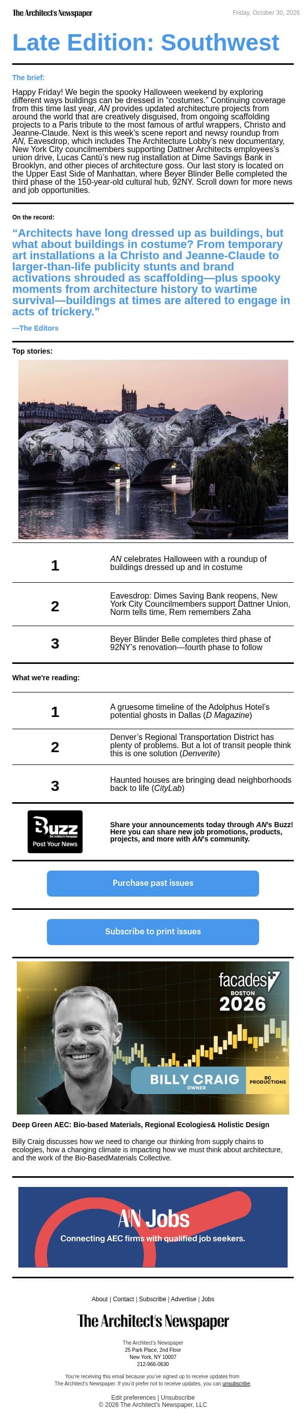 Late Edition Southwest: AN celebrates Halloween with building costume roundup, AN’s Eavesdrop, Beyer Blinder Belle completes third phase of 92NY’s renovation, and more email from The Architect's Newspaper screenshot