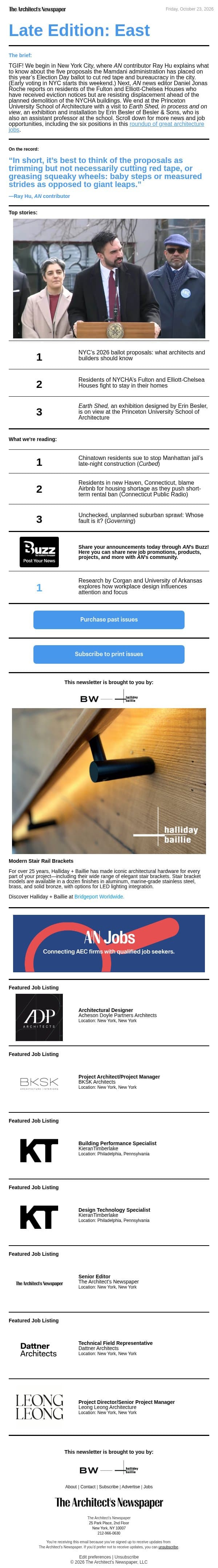 Late Edition East: NYC’s 2026 ballot proposals, residents of NYCHA’s Fulton and Elliott-Chelsea Houses fight to stay in their homes, review of Earth Shed exhibition designed by Erin Besler, and more email from The Architect's Newspaper screenshot