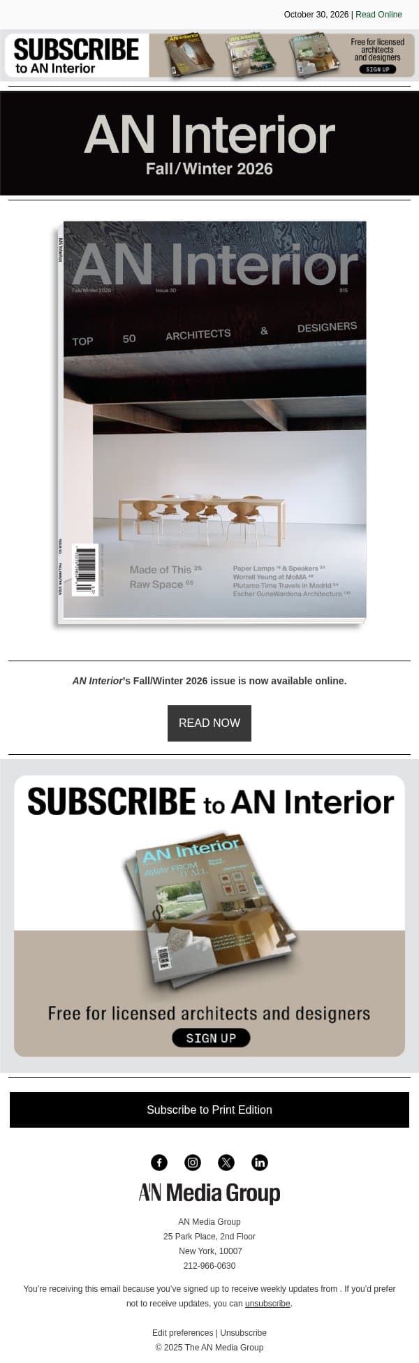 Check out AN Interior’s Fall/Winter 2026, online now! email from The Architect's Newspaper screenshot