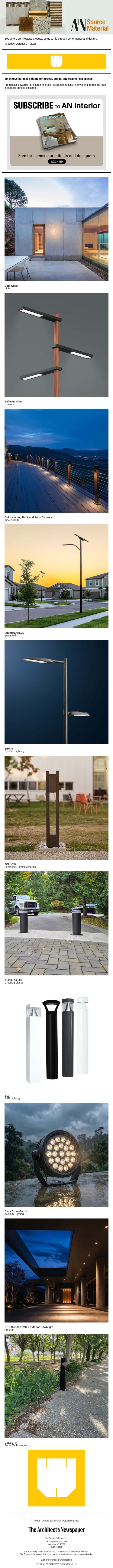 Source Material: Innovative outdoor lighting for streets, public, and commercial spaces email from The Architect's Newspaper screenshot