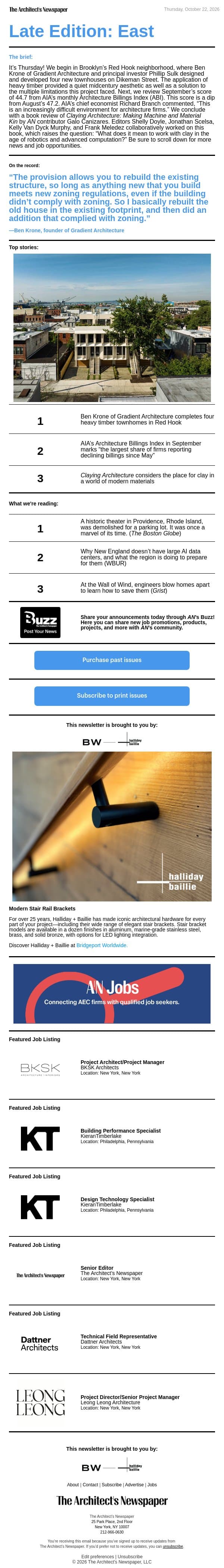 Late Edition East: Four heavy timber townhomes by Gradient Architecture, AIA’s September ABI, Claying Architecture book review, and more email from The Architect's Newspaper screenshot