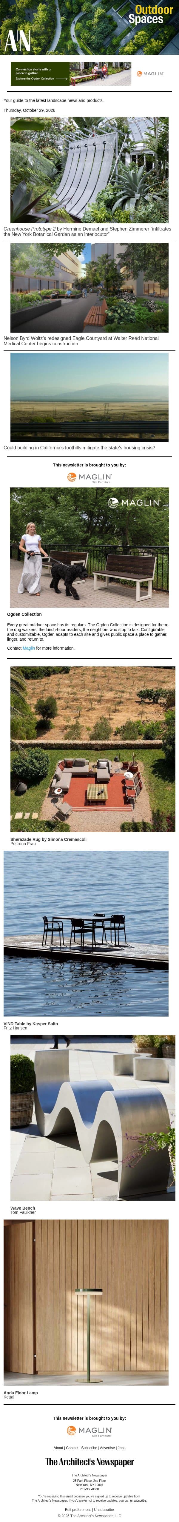 Outdoor Spaces: Greenhouse Prototype 2, Nelson Byrd Woltz’s redesigned Eagle Courtyard at Walter Reed National Medical Center, Proposition 45 in California, and more email from The Architect's Newspaper screenshot