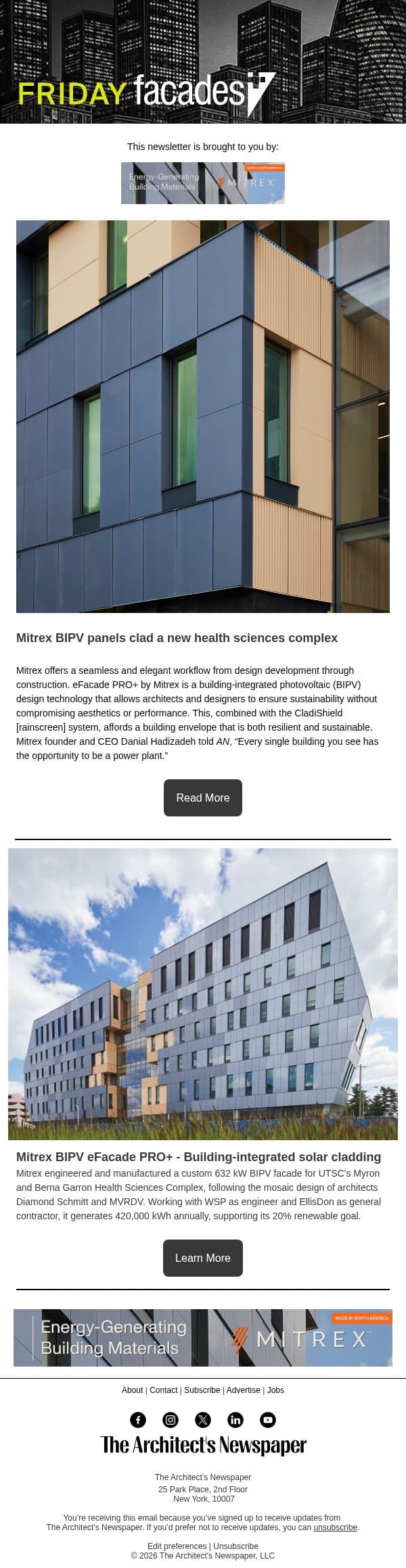 Facades+: Mitrex BIPV panels clad a new health sciences complex email from The Architect's Newspaper screenshot