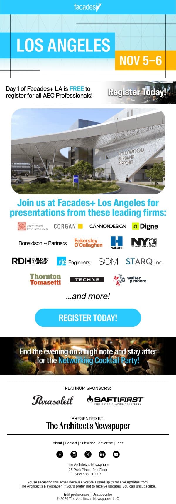 Don't miss out on presentations from these leading firms at Facades+ Los Angeles 11/5+6 email from The Architect's Newspaper screenshot