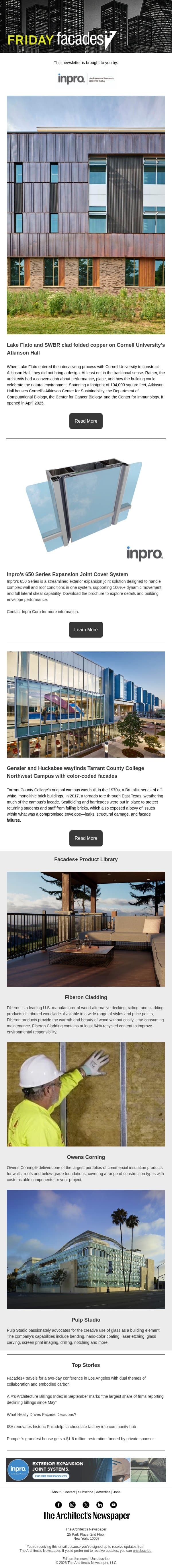 Facades+: Lake Flato and SWBR clad folded copper on Cornell University’s Atkinson Hall email from The Architect's Newspaper screenshot