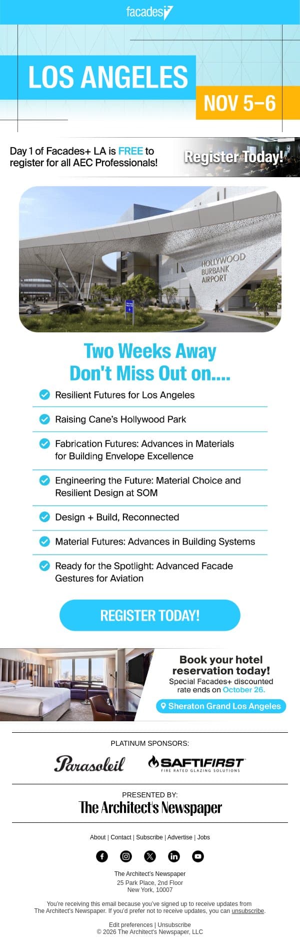 Facades+ Los Angeles will feature in-depth presentations of leading-edge projects on 11/5+6 email from The Architect's Newspaper screenshot