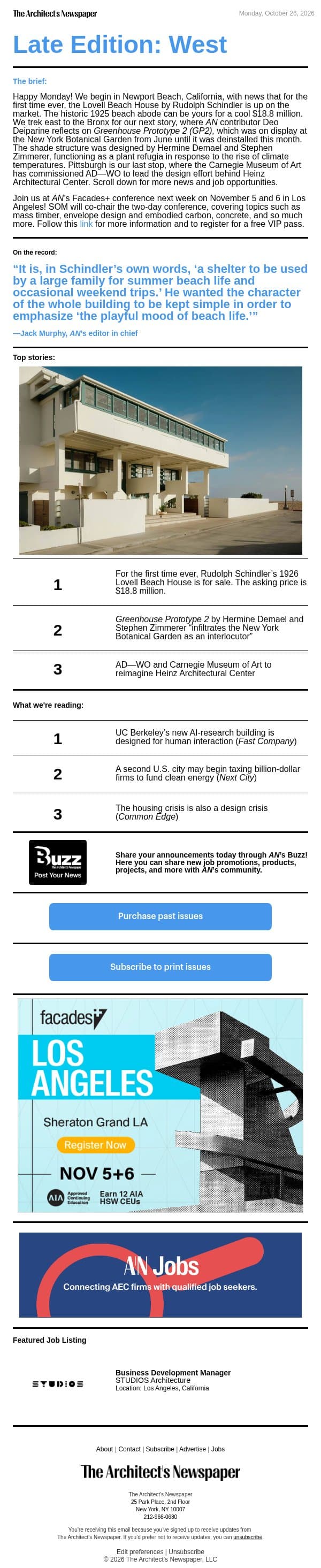Late Edition West: Rudolph Schindler’s 1926 Lovell Beach House is for sale, Greenhouse Prototype 2, reimagining Heinz Architectural Center, and more email from The Architect's Newspaper screenshot
