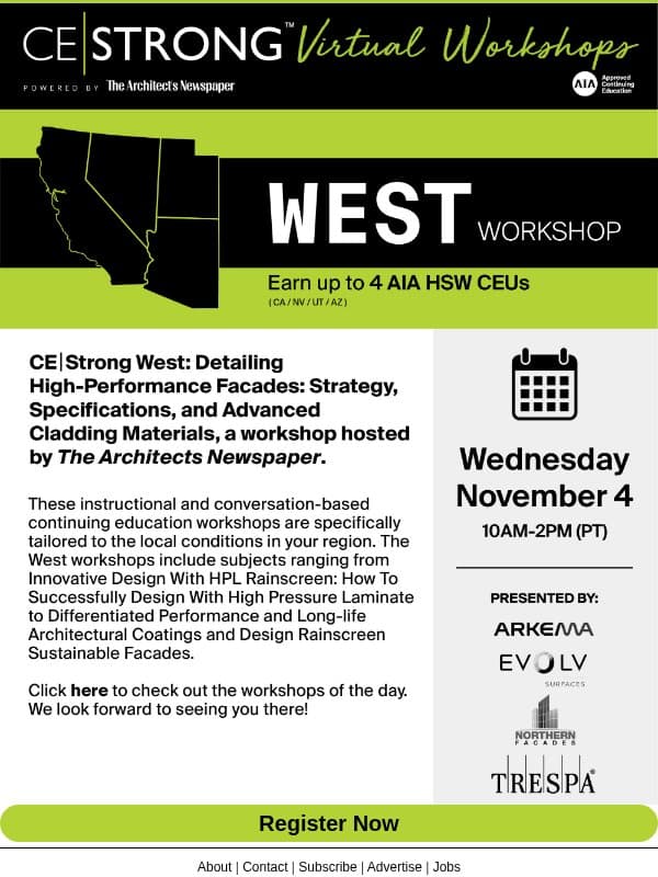 Save the date: 11/4 — CE|Strong Virtual West features new and exciting workshops! email from The Architect's Newspaper
