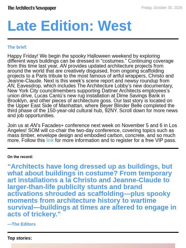 Late Edition West: AN celebrates Halloween with building costume roundup, Edgewater Design reveals phase two of Harriet Tubman Square, Beyer Blinder Belle completes third phase of 92NY’s renovation, and more email from The Architect's Newspaper