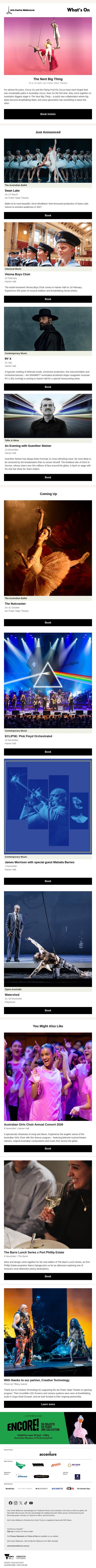 What's On: Circus Oz + Flying Fruit Fly Circus, RY X with orchestra, Watershed email from The Arts Centre Melbourne screenshot