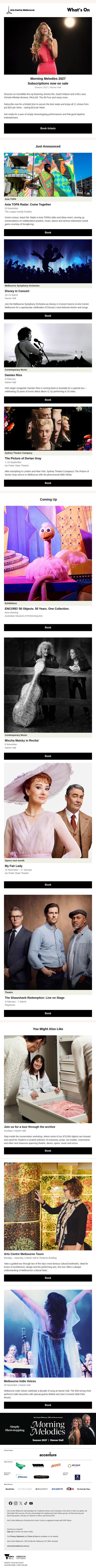 What's On: Morning Melodies Season 2027, Asia TOPA Radar: Come Together, ENCORE! email from The Arts Centre Melbourne screenshot