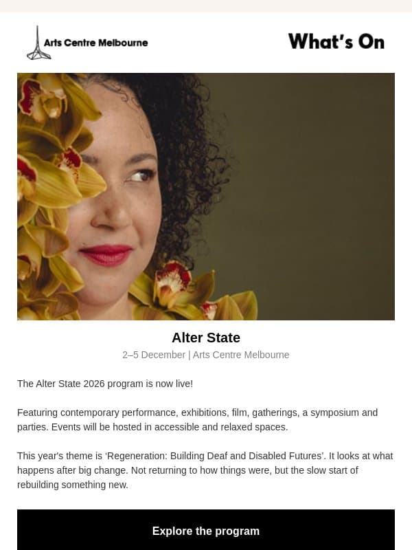 What's On: Alter State 2026 is here, ENCORE! opens at AMPA, Avatar: The Last Airbender In Concert email from The Arts Centre Melbourne