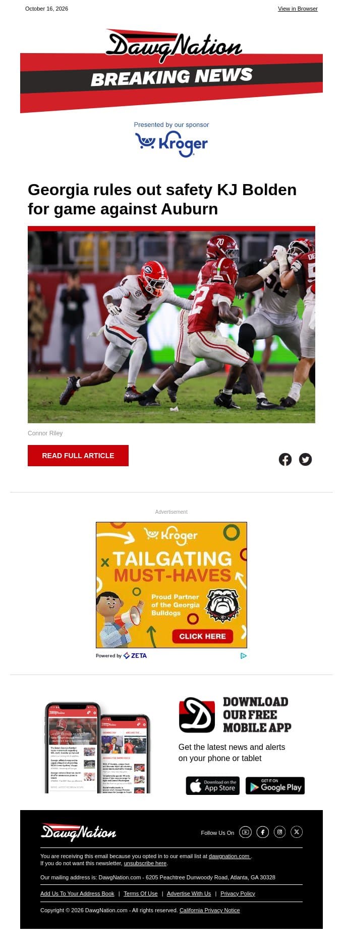 Georgia rules out safety KJ Bolden for game against Auburn email from The Atlanta Journal-Constitution screenshot
