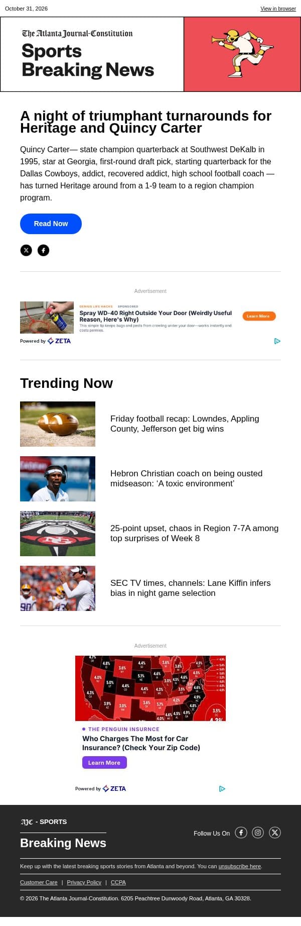 A night of triumphant turnarounds for Heritage and Quincy Carter email from The Atlanta Journal-Constitution screenshot