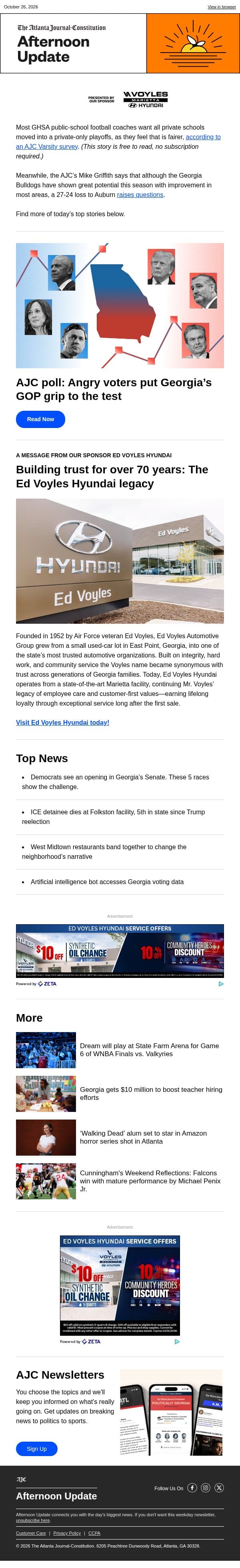 Afternoon Update: 5 races show challenge for Democrats in Georgia Senate email from The Atlanta Journal-Constitution screenshot