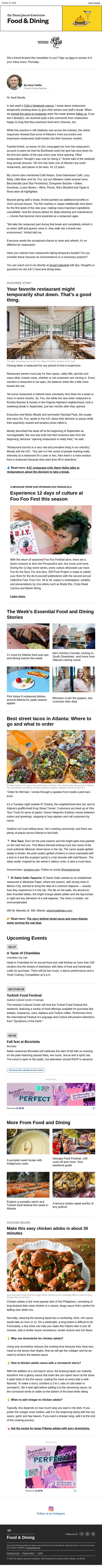 Restaurants respond with pride about temporary closures email from The Atlanta Journal-Constitution screenshot