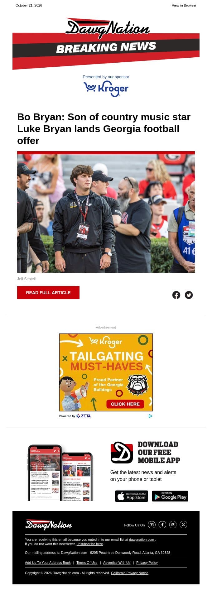 Bo Bryan: Son of country music star Luke Bryan lands Georgia football offer email from The Atlanta Journal-Constitution screenshot